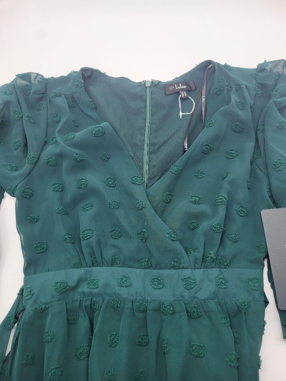 Lulus Women's XS Always on Repeat Emerald Green Clip Dot Long Sleeve Mini Dress - Picture 3 of 6